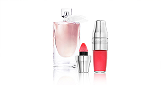 Perfume bottle La Vie Est Belle and pack shot of Juicy Shaker by Lancôme