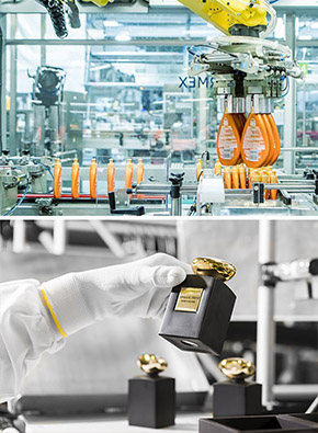 Karlsruhe factory in Germany ; employee checking a Rose d’Arabie perfume bottle by Armani Private in the Lassigny factory, France
