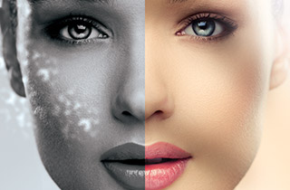 A woman’s face with a side suffering from pollution and the other lit by the sun